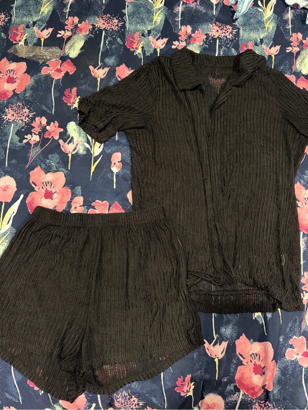 Women's 2 Piece Cover Ups Set Short Sleeve Open Front Hollow Out Swimsuit M NWOT - Picture 2 of 2